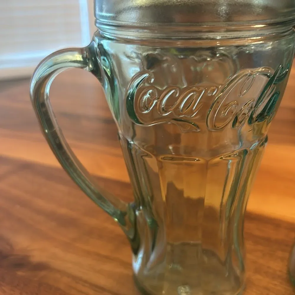 Coca Cola Coke Set of Heavy Green Glasses Handle 12 ounce Made in USA By Libby
